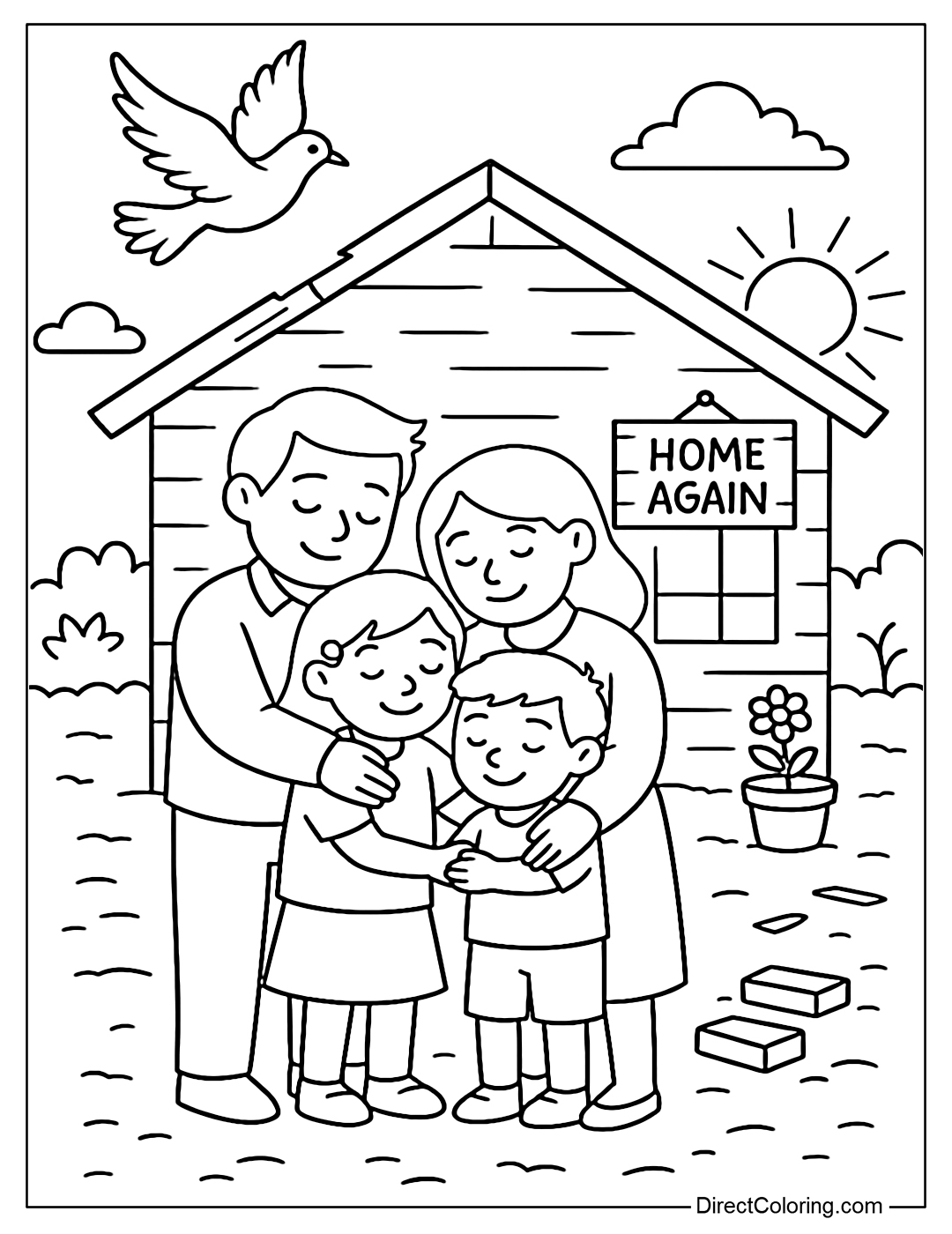 A coloring page of a family of father, mother and two children hugging each other in front of a small house newly rebuilt after the war.